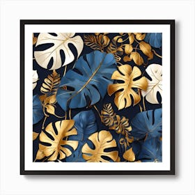 Golden and blue leaves of Monstera Art Print