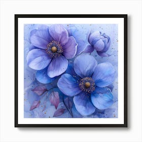 Watercolor Blue Anemone Flowers Art Print