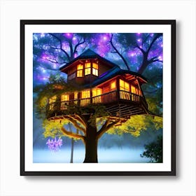Treehouse with Lights Art Print