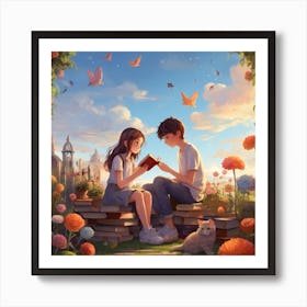 Girl Reading A Book With Cat 2 Art Print