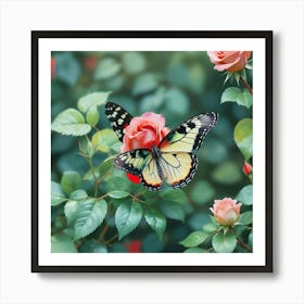 Butterfly On Roses Art Print