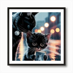 Black Cats In The Rain Art Print