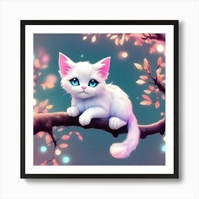 White Cat On A Tree Branch Art Print