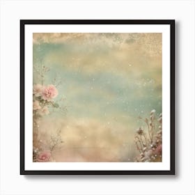 Snowy Background With Roses Art Print