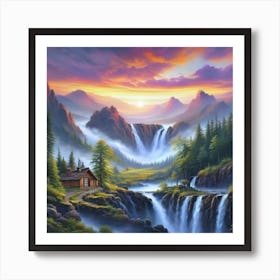 Waterfall In The Mountains Art Print