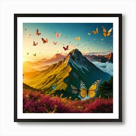 Firefly Mountain, Scenery, Nature, Sunrise, Butterfly, Wings, Paintbrush, Paints, Scattered, Small L Art Print