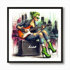 Neon Green Rockabilly Guitar Girl Art Print