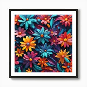 Colorful Flowers blue and orange and red Art Print