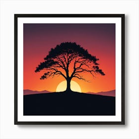 Silhouette Of A Tree At Sunset, A Minimalist Line Drawing Of A Lone Tree Silhouetted Against A Fiery Sunset Art Print