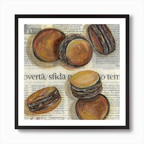 Brown Macarons On Newspaper French Dessert Neutral Monocolor Minimal Rustic Food Decor Art Print