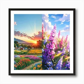 Sunset In A Flower Field Art Print