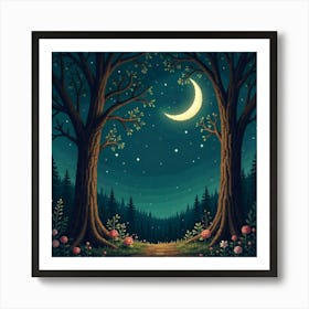 Moon And Forest Style William Morris2 Art Print (3) Art Print