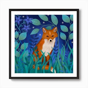 Fox In Starlit Meadow Square Art Print