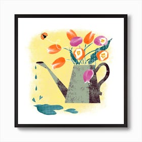 Orange And Purple Tulip Flowers In A Watering Can Square Art Print