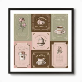 Vintage Tea Label Design Set With Tea Cups And Saucers, Perfect For A Classic Tea Party Art Print