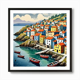 Old Fishing Village Cubism Style Art Print