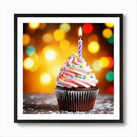 Birthday Celebration Cupcake Adorned With Vibrant Hued Frosting Single Candle Alight Casting A So (4) Art Print