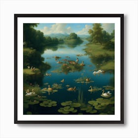 Masterpiece In Oil Painting Of A Lake With Ducks Art Print