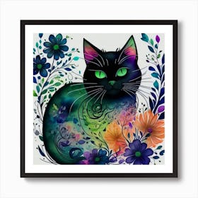 Black Cat With Flowers 8 Art Print