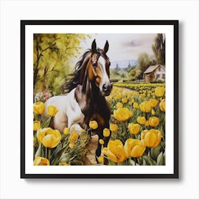 Horse In The Yellow Tulips Field Art Print