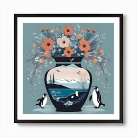 Flower Vase Decorated with Penguin Landscape, Deep Blue, White and Pastel Orange Art Print