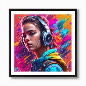 Girl With Headphones Art Print