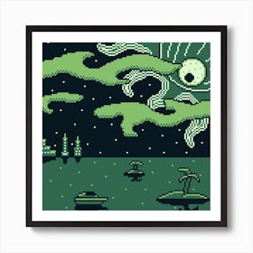 Pixel Art Ship Sea Monster Boat Island Night Art Print