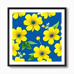 Yellow Flowers On Blue Background Art Print