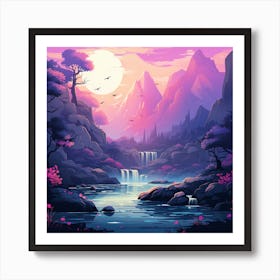 Beautiful Nature Scene With Waterfalls In Pink & Purple Art Print