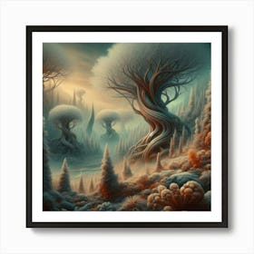 Jacek Yerka's Brushstrokes Meet AI: Generate Mesmerizing Winter Trees. Art Print