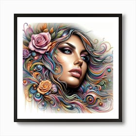 Woman With Colorful Hair And Flowers Art Print