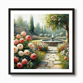 Rose Garden With The Fountain, Acrylic Style Painting 15 Art Print