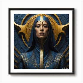 A Old Mystical Nordic Woman Cloaked In Traditional Qipao With Gold And Blue Elements Art Print