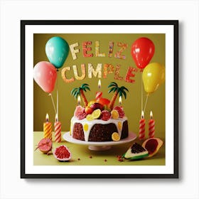 Feliz cumple and Feliz cumpleaños sign means Happy Birthday in Spanish language, Birthday party celebration gift with birthday cake candle colorful balloons best congratulation over light background wall artFeliz Cumple 60 Art Print