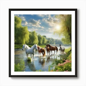 Horses In The Stream 3 Art Print