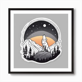 Sticker Art Design, Wolf Howling To A Full Moon, Kawaii Illustration, White Background, Flat Colors, (6) Art Print