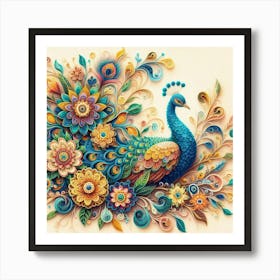 Peacock on flower branch 2 Art Print