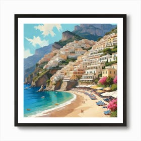 Positano, Amalfi Coast, Italy - Retro Landscape Beach and Coastal Theme Travel Poster Art Print 3 Art Print