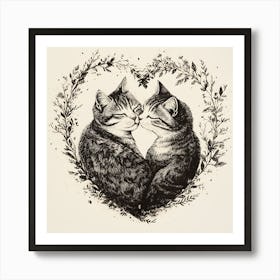 Delicate Ink Drawing of Cats Love Heart 3 Art Print