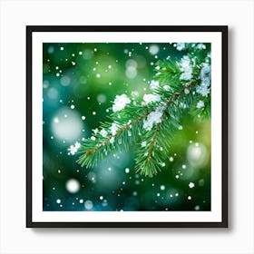Evergreen Branch Adorned With Sparkling Snowflakes Catching The Light Shimmering Positioned Cent (3) Art Print