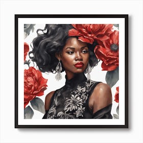 Black Woman With Red Flowers Art Print