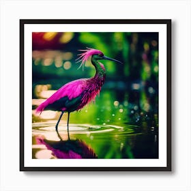 Vibrant Pink Crested Wading Bird in Tropical Lagoon Art Print