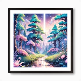 A Fantasy Forest With Twinkling Stars In Pastel Tone Square Composition 90 Art Print