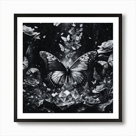 Black and White Butterfly And Roses Art Print