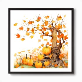 Tree And Pumpkins Art Print