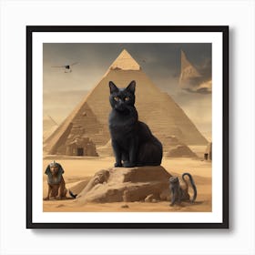 Black Cat In Front Of Pyramids Art Print