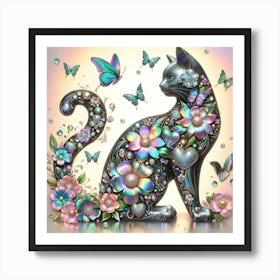 Cat With Butterflies And Flowers 1 Art Print