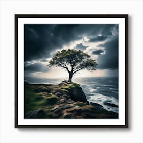 Lone Tree On The Cliff, A Lone Tree Standing Strong On A Cliff Edge Against A Stormy Sky Representing The Courage 1 Art Print