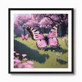 Pink Butterfly In Cherry Blossoms Art Print