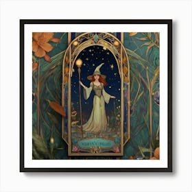a mesmerizing empty tarot border template for a vintage card game with art nouveau animation of a wizard presented in an impressionism style comes to life. Every delicate detail meticulously crafted out of the painting unfolds before your eyes, showcasing the fantasy world of a magic kingdom. The intricate paper scenes blend vibrant colors with the ancient art nouveau, capturing the essence of the magic This enchanting motion picture captivates viewers with its exquisite precision and awe-inspiring artistry, immersing them in the compelling story of a medieval kingdom. Art Nouveau style 3 by Skyrn99, high detail, high quality, high resolution, dramatically captivating Art Print